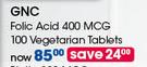 GNC Folic Acid 400 mcg Vegetarian Tablets-100's Per Pack