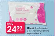 Clicks Skin Essentials 3-In-1 Facial Cleaning Wipes 40-Pack-Per Pack