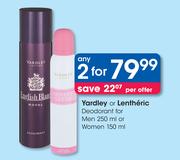 Yardley Or Lentheric Deodorant For Men-250ml Or Women-150ml Per Offer