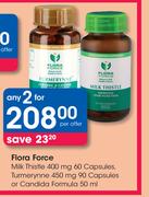 Flora Force Milk Thistle 400 mg 60 Cap,Turmerynne 450 mg 90 Capsules Or Candida Formula-50ml-For 2
