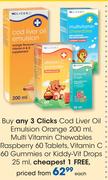 Clicks Cod Liver Oil Emulsion Orange-200ml,Multi Vitamin C Chewables Raspberry 60 Tablets-Each
