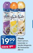 Glade Fresh Lemon Lavender Or Vanilla Magnola Air Freshener-300ml Each