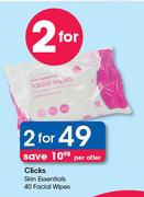Clicks Skin Essentials 40 Facial Wipes-For 2