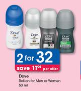 Dove Roll On Men Or Women-2 x 50ml