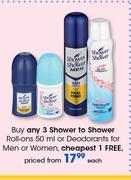 Shower To Shower Roll Ons-50ml Or Deodorants For Men Or Women-Each