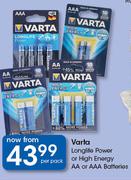 Varta Long-life Power Or High Energy AA Or AAA Batteries-Per Pack