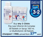 Clicks Pay Less Vitamin B-Complex 30 Tablets Or Syrup 100ml Or Multivitamin 30 Tablets-Each