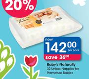 Baby's Naturally 32 Unisex nappies For Premature Babies-Per Pack