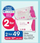 Clicks Skin Essentials 3 In 1 Cleansing Wipes-2x40 Per Offer