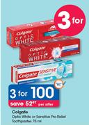 Colgate Optic White Or Sensitive Pro-Relief Toothpastes-3x75ml Per Offer
