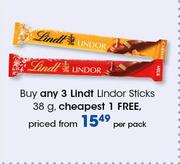 Lindt Lindor Sticks-38g Per Pack