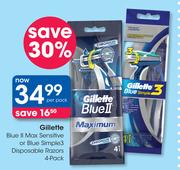 Gillette Blue II Max Sensitive Or Blue Simple3 Disposable Razors 4Pack-Per Pack