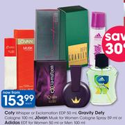 Coty Whisper Or Exclamation EDP-50ml,Gravity Defy Cologne-100ml  Each
