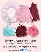 Clicks Nylon Bath Sponges, Nylon Gloves Or Shower Caps-Each