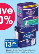 Always Single Pack Feminine Hygiene Pads Or Pantyliners 16,20 Or 40 Packs-Per Pack