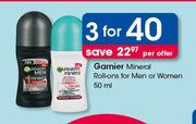 Garnier Mineral Roll Ons For Men Or Women-3 x 50ml