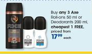 Axe Roll Ons-50ml Or Deodorants-200ml Each