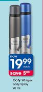 Coty Whisper Body Spray-90ml Each