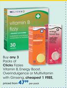 Clicks Fizzies Vitamin B,Energy Boost,Overindulgence Or Multivitamin With Ginseng-Per Pack