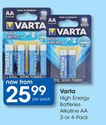 Varta High Energy Batteries Alkaline AA 2 Or 4 Pack-Per Pack