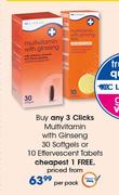 Clicks Multivitamin With Ginseng 30 Softgels Or 10 Effervescent Tablets-Per Pack