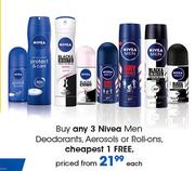 Nivea Men Deodorants, Aerosols Or Roll-Ons-Each