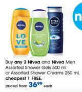 Nivea And Nivea Men Assorted Shower Gels 500ml Or Assorted Shower Creams 250ml-Each