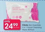 Clicks Skin Essentials 3 In 1 Facial Cleansing Wipes 40 Pack-Per Pack