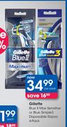 Gillette Blue II Max Sensitive Or Blue Simple 3 Disposable Razors 4 Pack-Per Pack