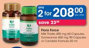 Flora Force Milk Thistle 400 mg 60 Capsules,Turmerynne 450 mg 90 Capsules Or Candida Formula-2 x 50m