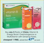 Clicks Vitamin B,Energy Boost,Overindulgence Or Multivitamin With Ginseng Fizzies-Per Pack