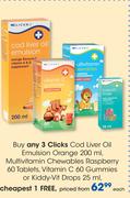 Clicks Cod Liver Oil Emulsion Orange-200ml,Multivitamin Chewables Raspberry 60 Tablets Each