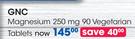GNC Magnesium 250 mg 90 Vegetarian Tablets-Per Pack