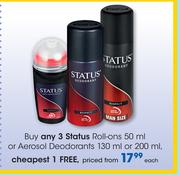 Status Roll Ons-50ml Or Aerosol Deodorants-130ml Or 200ml Each