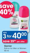 Garnier Roll On For Men Or Women-3 x 50ml