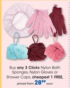 Clicks Nylon Bath Sponges, Nylon Gloves Or Shower Caps-Each