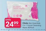 Clicks Skin Essentials 3 In 1 Facial Cleansing Wipes 40 Pack-Per Pack