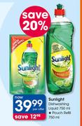 Sunlight Dishwashing Liquid-750ml + Pouch Refill-750ml Per Offer
