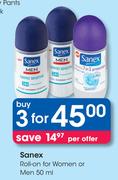 Sanex Roll On For Women Or Men-3 x 50ml