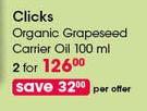 Clicks Organic Grapessed Carrier Oil-2 x 100ml