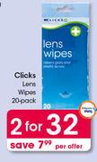 Clicks Lens Wipes 20 Pack-For 2