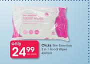 Clicks Skin Essentials 3 In 1 Facial Wipes 40 Pack-Per Pack