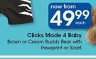 Clicks Made 4 Baby Brown Or Cream Buddy Bear With Pawsprint Or Scarf-Each