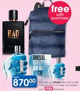 Diesel Men's EDT Or EDP Fragrance 50ml With Free Backpack