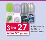 Clicks Roll On For Men Or Women-3 x 50ml