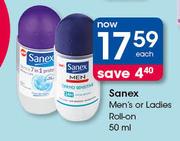 Sanex Men's Or Ladies Roll-On-50ml Each