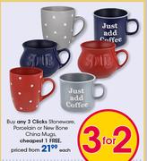 Clicks Stoneware Porcelain Or New Bone China Mugs-Each