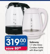 Safeway 1.7Litre Glass Cordless Kettle With Blue Light-Each