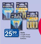 Varta Longlife Power Or High Energy Batteries-Per Pack