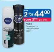 Nivea Deodorant For Men Or Women-2x150ml Per Offer